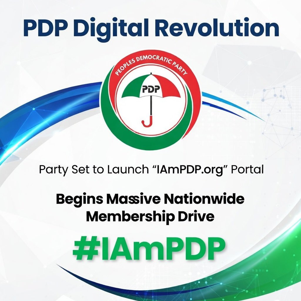 IamTheTownCrier's tweet image. #IAmPDP - @OfficialPDPNig Digital Revolution: Party Set to Launch "IAmPDP.org" Portal, Begins Massive Nationwide Membership Drive.

In a move to modernize political engagement and return power to the grassroots, the Peoples Democratic Party (PDP) is set to launch its