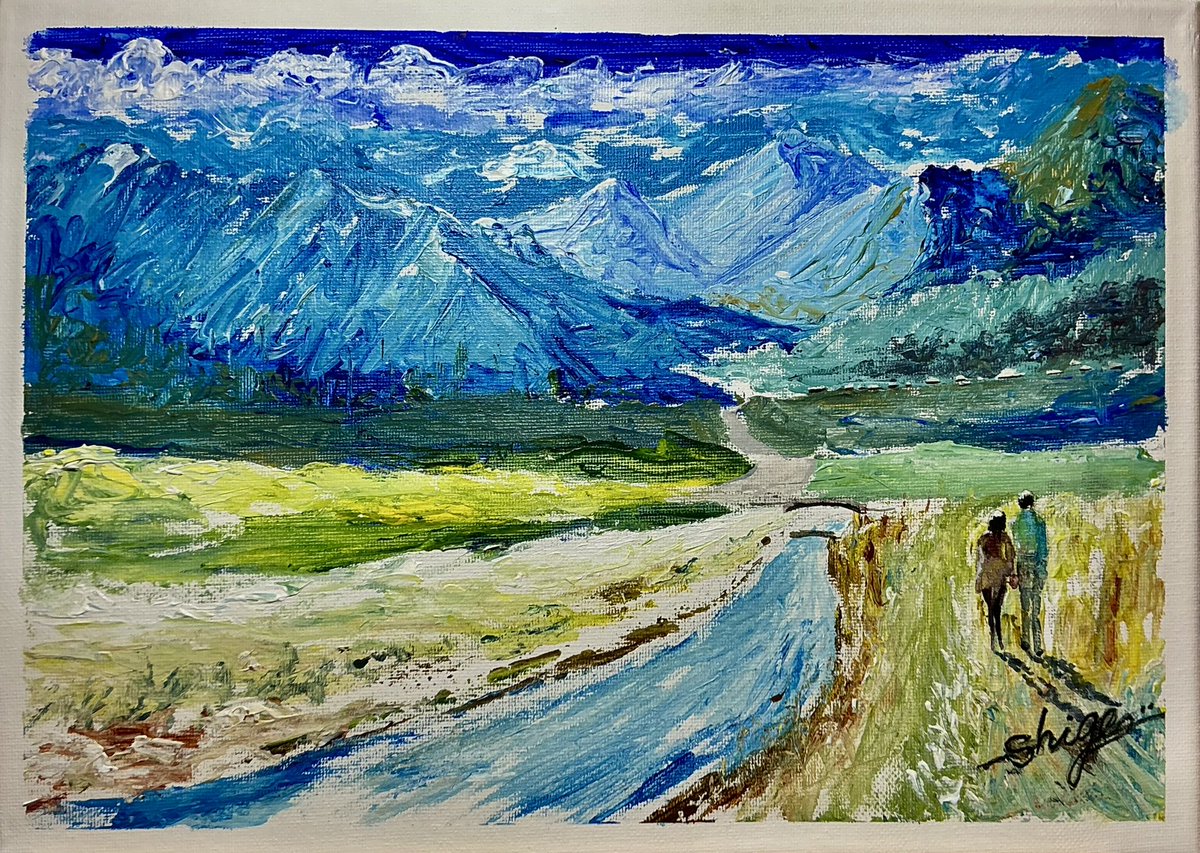 Riverside road.(川沿いの道)〜今朝はアクリル絵の具を使って、風景画