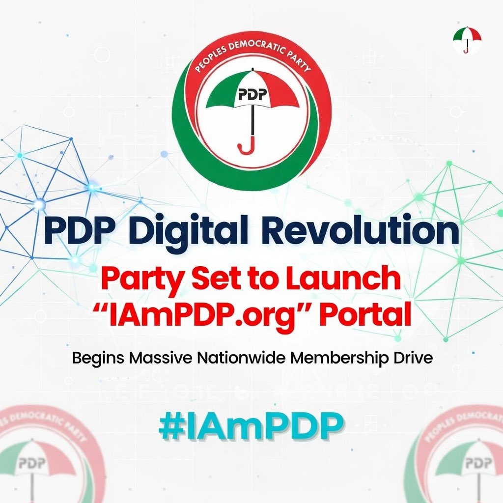 IamTheTownCrier's tweet image. #IAmPDP - @OfficialPDPNig Digital Revolution: Party Set to Launch "IAmPDP.org" Portal, Begins Massive Nationwide Membership Drive.

In a move to modernize political engagement and return power to the grassroots, the Peoples Democratic Party (PDP) is set to launch its