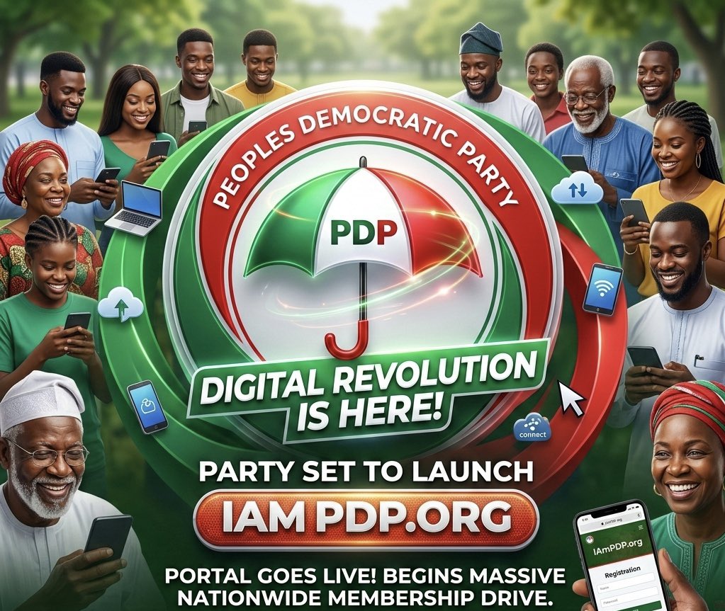 IamTheTownCrier's tweet image. #IAmPDP - @OfficialPDPNig Digital Revolution: Party Set to Launch "IAmPDP.org" Portal, Begins Massive Nationwide Membership Drive.

In a move to modernize political engagement and return power to the grassroots, the Peoples Democratic Party (PDP) is set to launch its