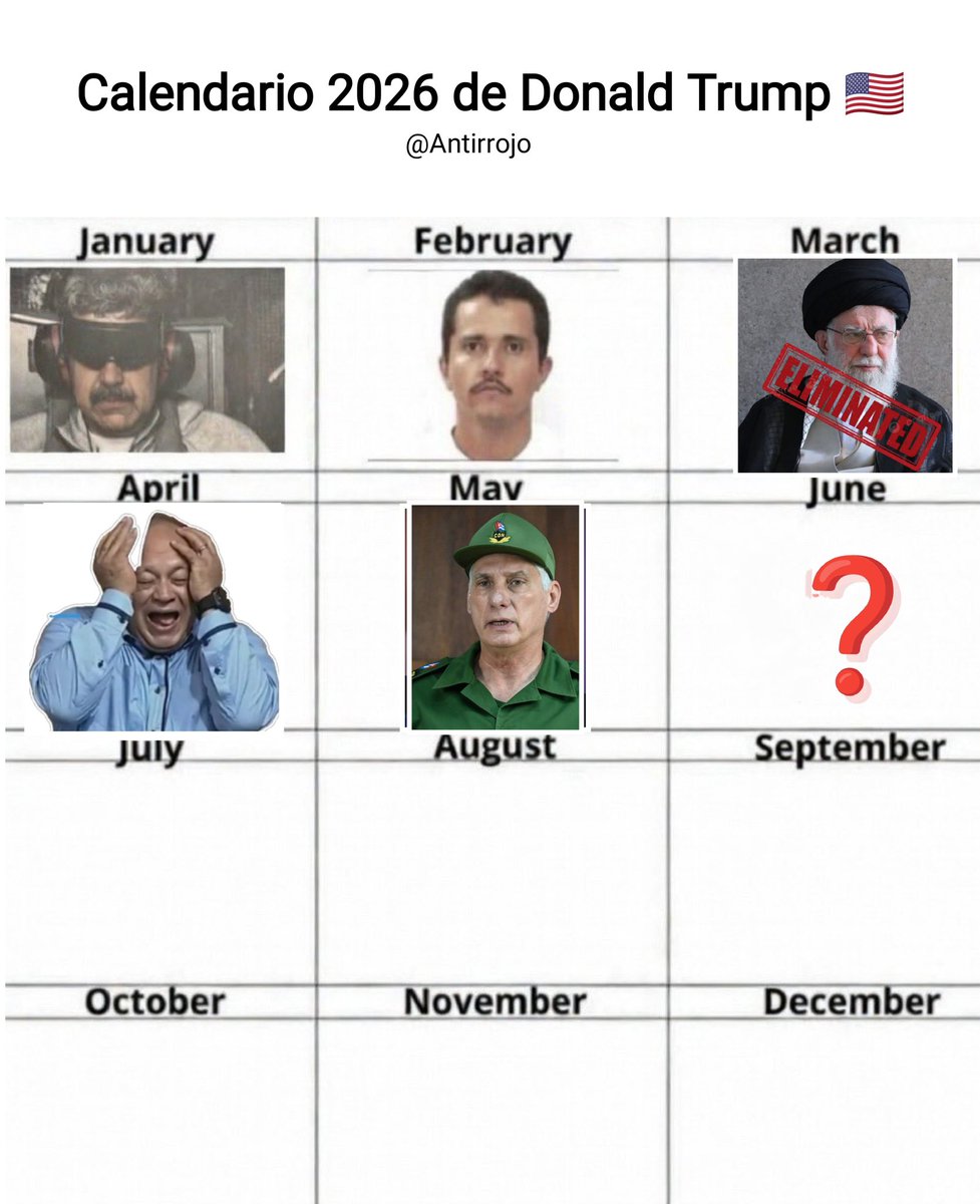 Yo pensé que enero iba muy bien, pero me equivoqué; febrero va mejor. Ahora según el calendario "Trump 2026" el próximo es Diosdado Cabello y después le sigue Díaz -Canel 😎