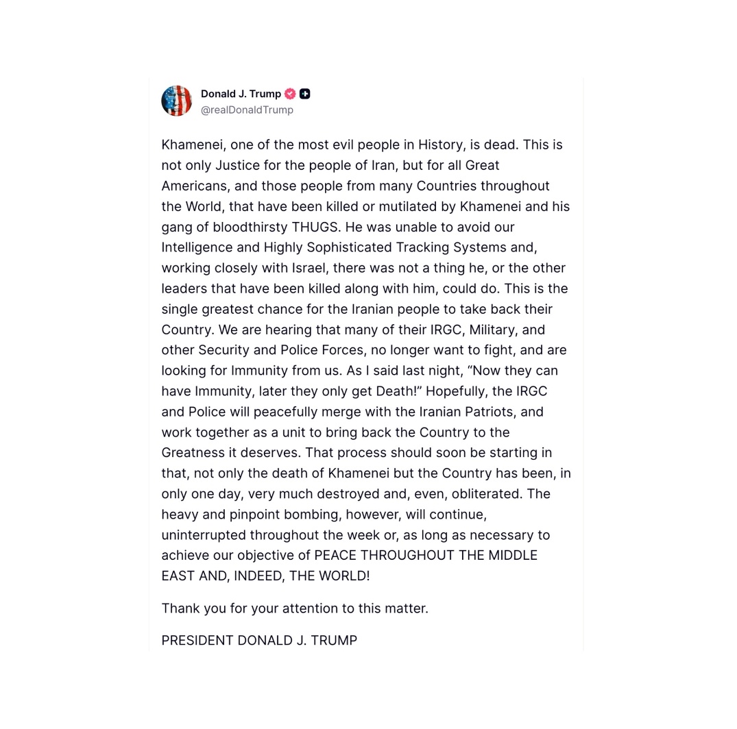 Godanaenterpris's tweet photo. 🇺🇸 TRUMP JUST POSTED THIS!!

“Khamenei, one of the most evil people in History, is DEAD.” https://t.co/qLzJc5ImpL