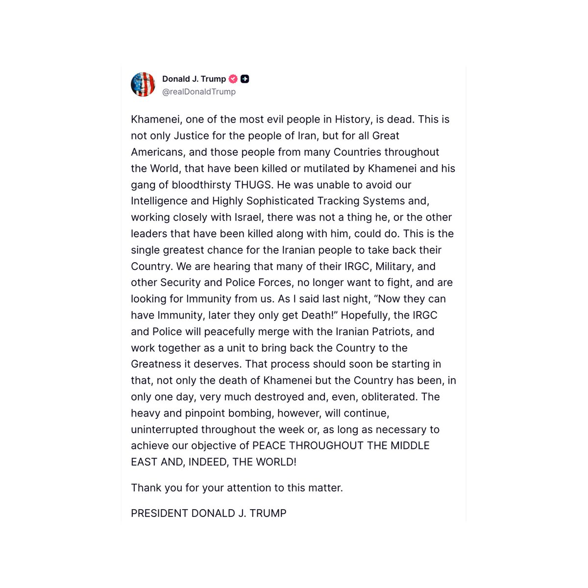 🇺🇸 TRUMP JUST POSTED THIS!!

“Khamenei, one of the most evil people in History, is DEAD.”