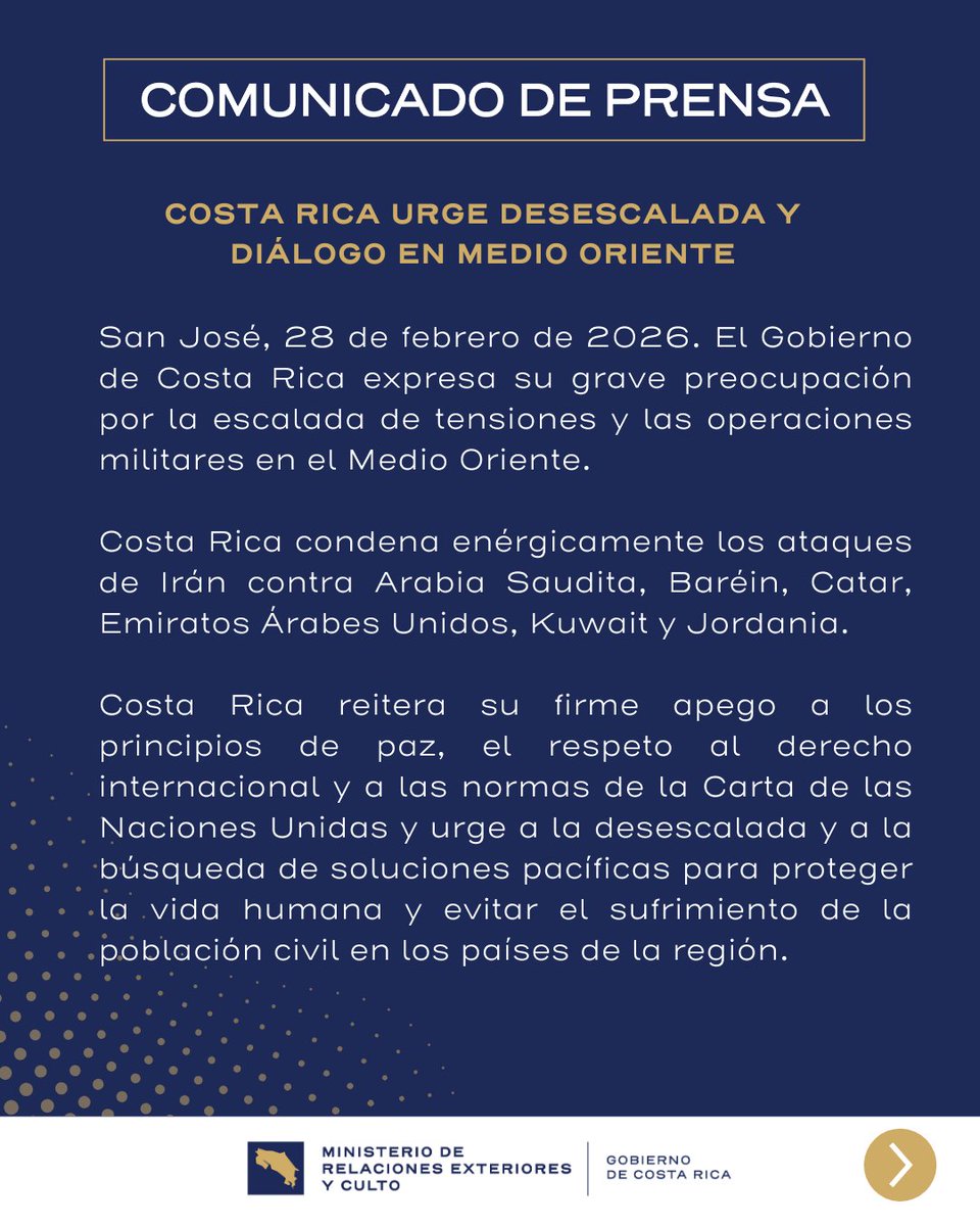 Costa Rica urge desescalada y diálogo en Medio Oriente