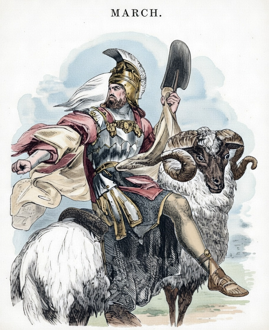 暦。さて三月。スペンサーによれば三月は雄羊に乗って到来するとのこと。手に鋤鍬を持ち、種をまきながらやってくる武装した人物です。まいている種が穀物のそれとは限らないのがややこしいところ。不和のたね、戦のたね、いろいろと。ともあれ三月は荒れるのであります。