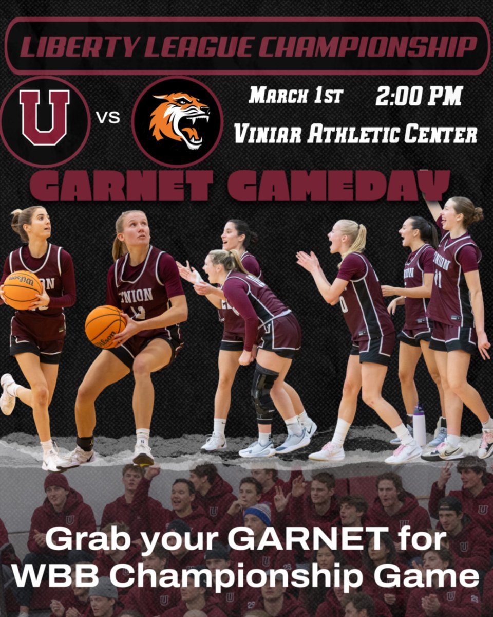 UnionCollegeWBB's tweet image. 🏆 LIBERTY LEAGUE CHAMPIONSHIP 🏆
Less than 24 hours until tip!
Your Garnet Chargers take on the Rochester Institute of Technology Tigers at 2:00 PM.
WEAR YOUR GARNET!
Doors open at 1:30 — get there early and pack the Viniar!
#GOUCWB #SupportEachOther #ChallengeYourself