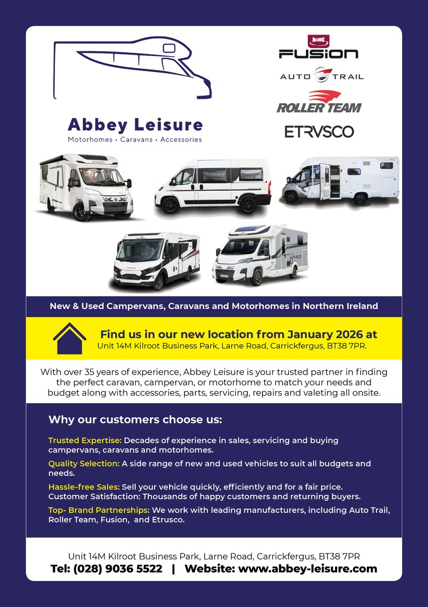 🚐 BIG NEWS! Abbey Leisure is has moved!
Visit them at:
 📍Unit 14M Kilroot Business Park, Carrickfergus, BT38 7PR
35+ years of trusted expertise in motorhomes, campervans &amp; caravans
📞 (028) 9036 5522
 🌐abbey-leisure.com
#AbbeyLeisure #MotorhomesNI #CampervansNI #Caravans