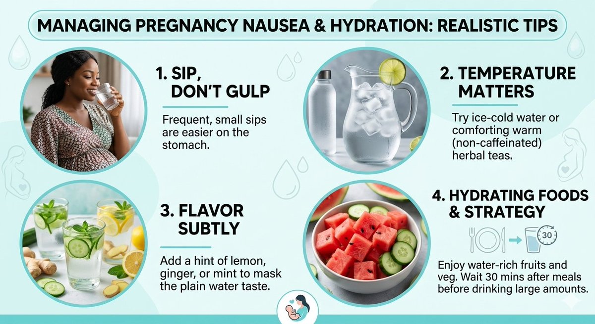 AyooluwaDeb's tweet image. Fighting early pregnancy nausea while staying hydrated is a challenge. Ditch the big gulps. Try small, frequent sips of very cold water, subtly flavored water, or water-rich foods.  Check out these easy methods that make staying hydrated realistic. #PregnancyTips #MorningSickness
