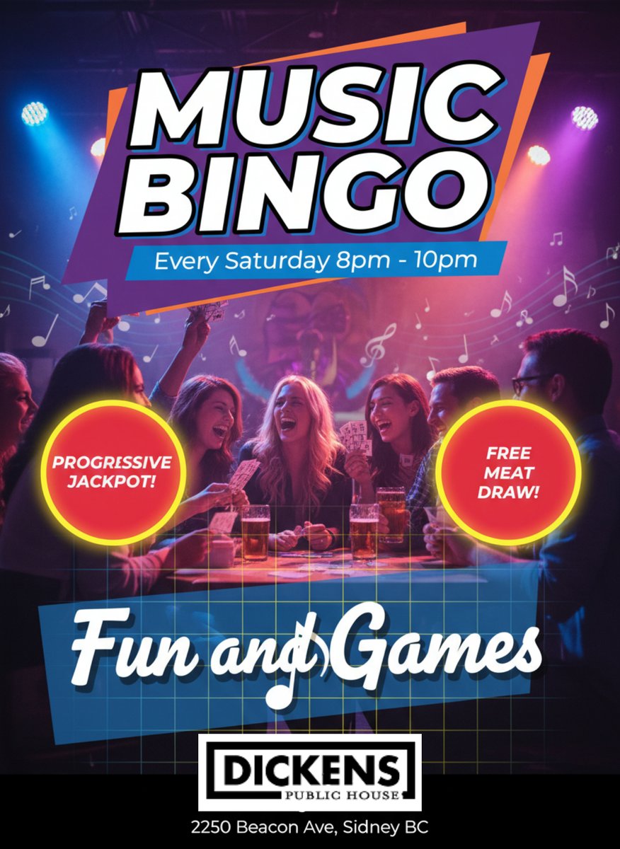 Join the vibrant Music Bingo at Dickens Public House every Saturday 8-10pm! Enjoy colorful lights, progressive jackpot, free meat draw &amp; great fun with friends! #MusicBingo #DickensFun #SaturdayVibes