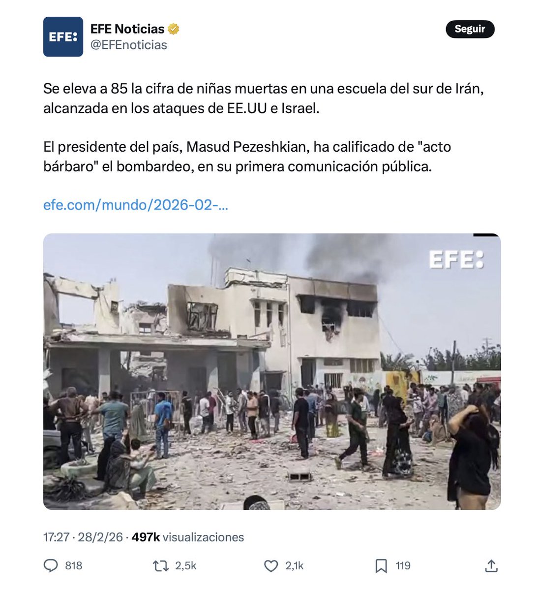 EFE divulga imágenes de un video de 2021 (ataque del ISIS contra una escuela en Kabul). Teniendo en cuenta que su presidente, Miguel Ángel Olivier, exsecretario de Estado de Comunicación, es un comisario político del PSOE, no sorprende su nivel de degradación