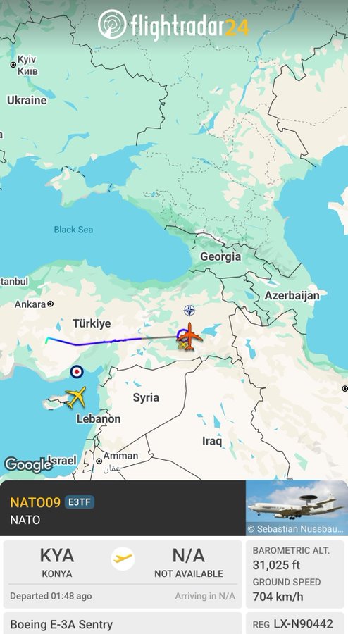 ✈️📡 Peş peşe 7. gün.

Konya'dan kalkalarak İran sınırına yakın bir bölgede görev yapan E-3B Sentry AWACS istihbarat uçuşları(ABD).