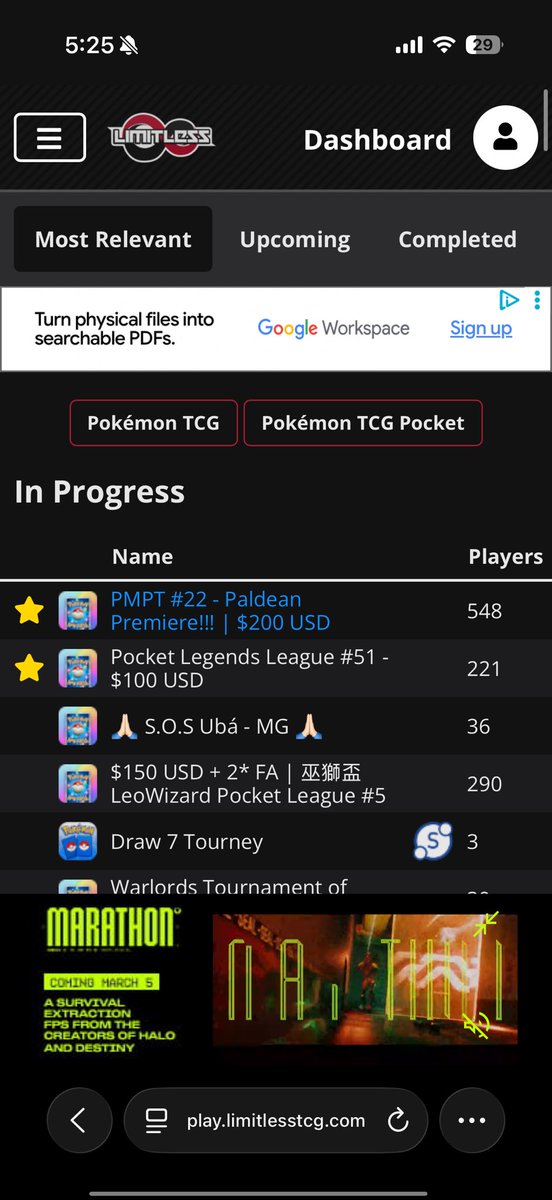 BackslashTF's tweet photo. @2Calico I love the game but I’m getting marathon ads in the wildest places (this is a Pokémon tournament website) I can’t even fathom what their marketing budget is https://t.co/nEb78irmlq