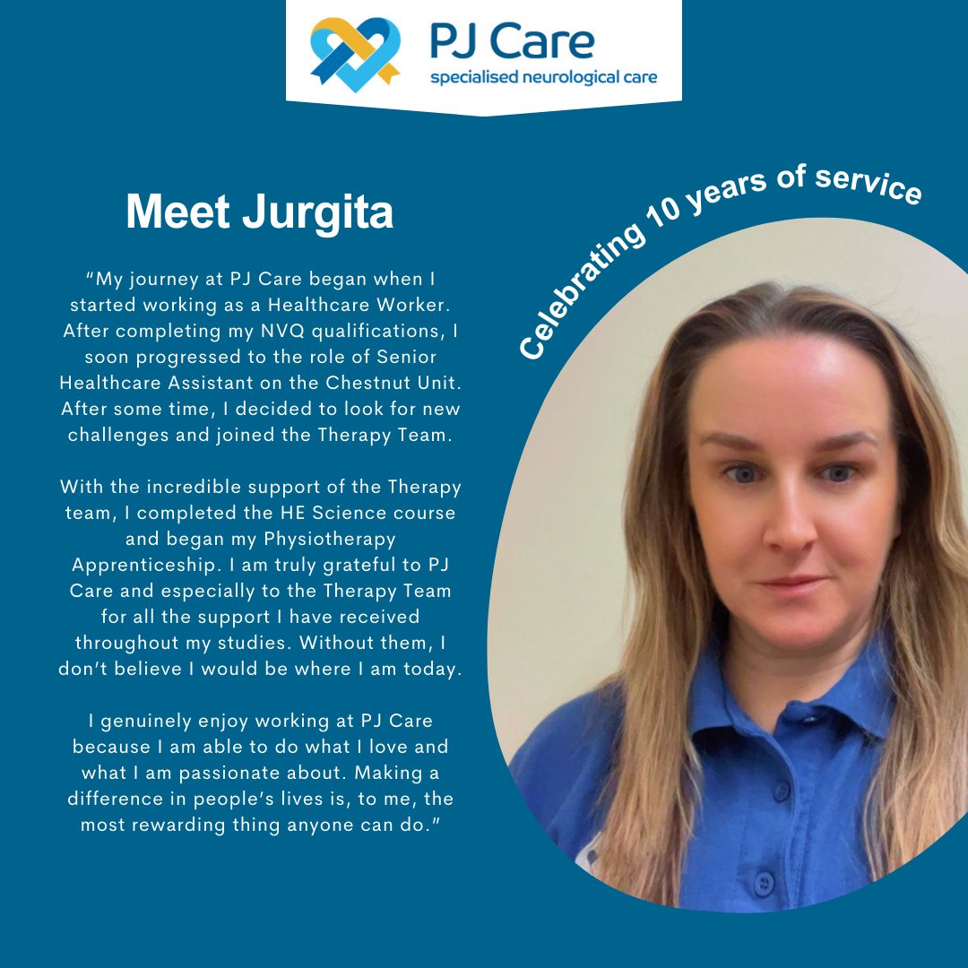 PJCare's tweet photo. Celebrating Jurgita’s amazing 10 years with us! From Healthcare Worker to a key member of our Therapy Team, she’s made a real impact on colleagues and residents alike. Ready to start your healthcare journey? Explore roles: https://t.co/VVUUXHoUUu https://t.co/8CKE0Xk0NB