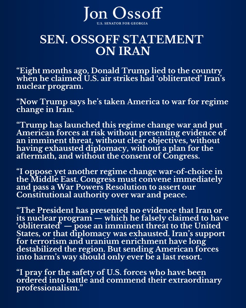 Sen. Ossoff Statement on Iran.