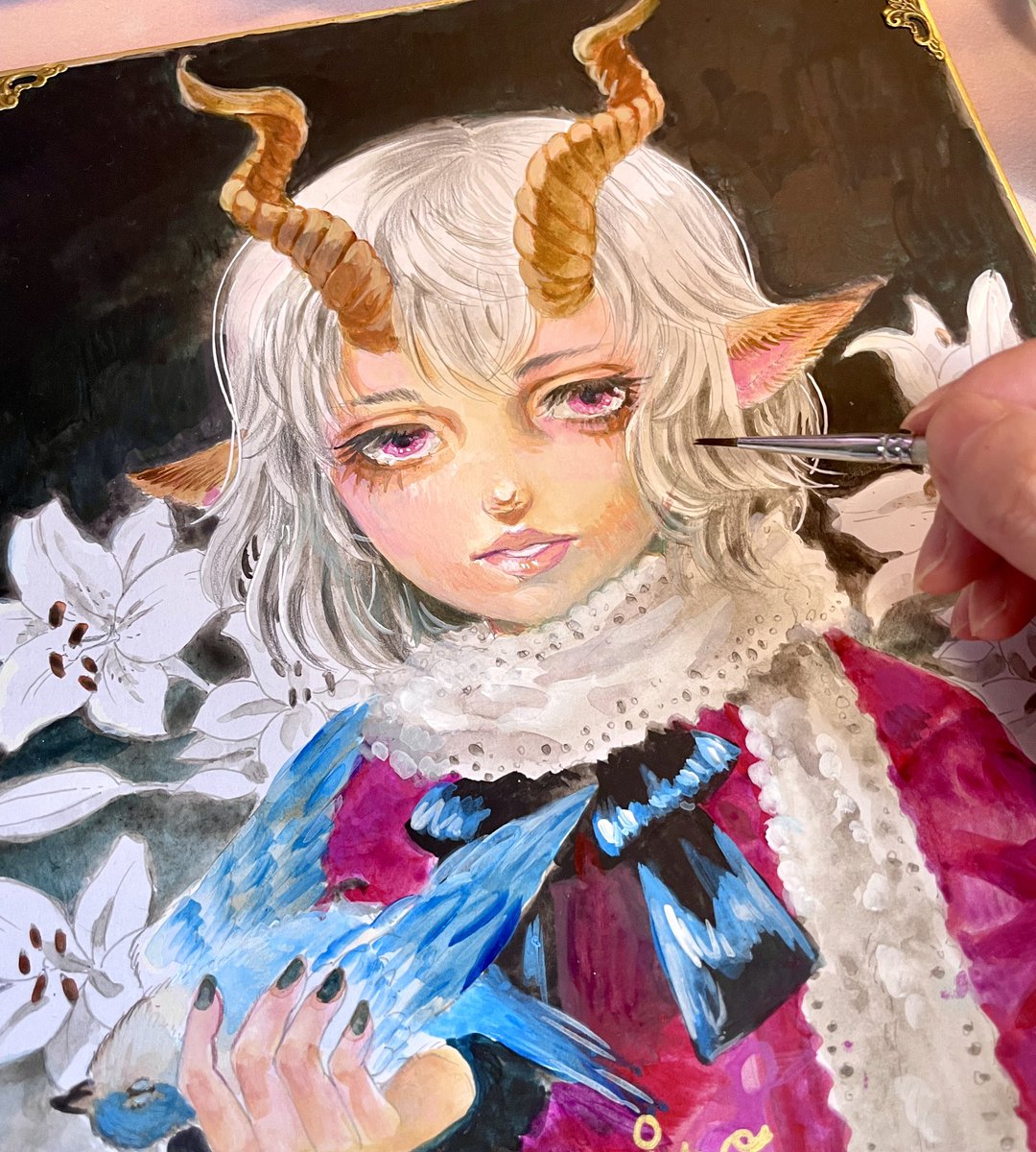 死んだ鳥を持つ悪魔」色紙にアクリル画。 19世紀によく用いられた題材