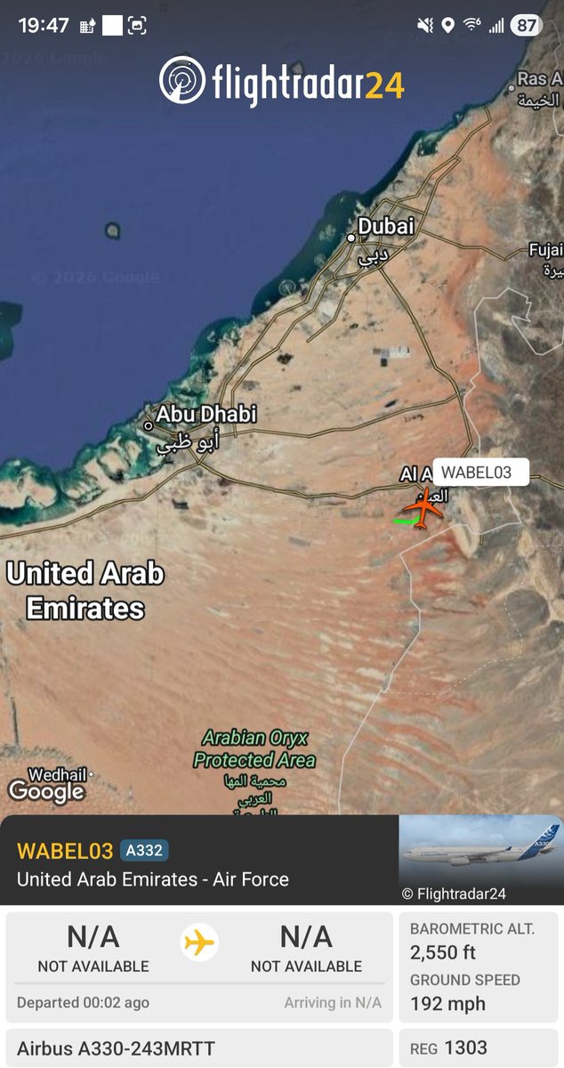 Borrowed7Time's tweet photo. UAE Air Force A330-243MRTT 1303 #896C72 as WABEL03 has just taken off from Al Ain & will be providing aerial refueling duties.
@sipjack1776 @Dinlas3 @LadyAstroJet https://t.co/oMANHMCCjo