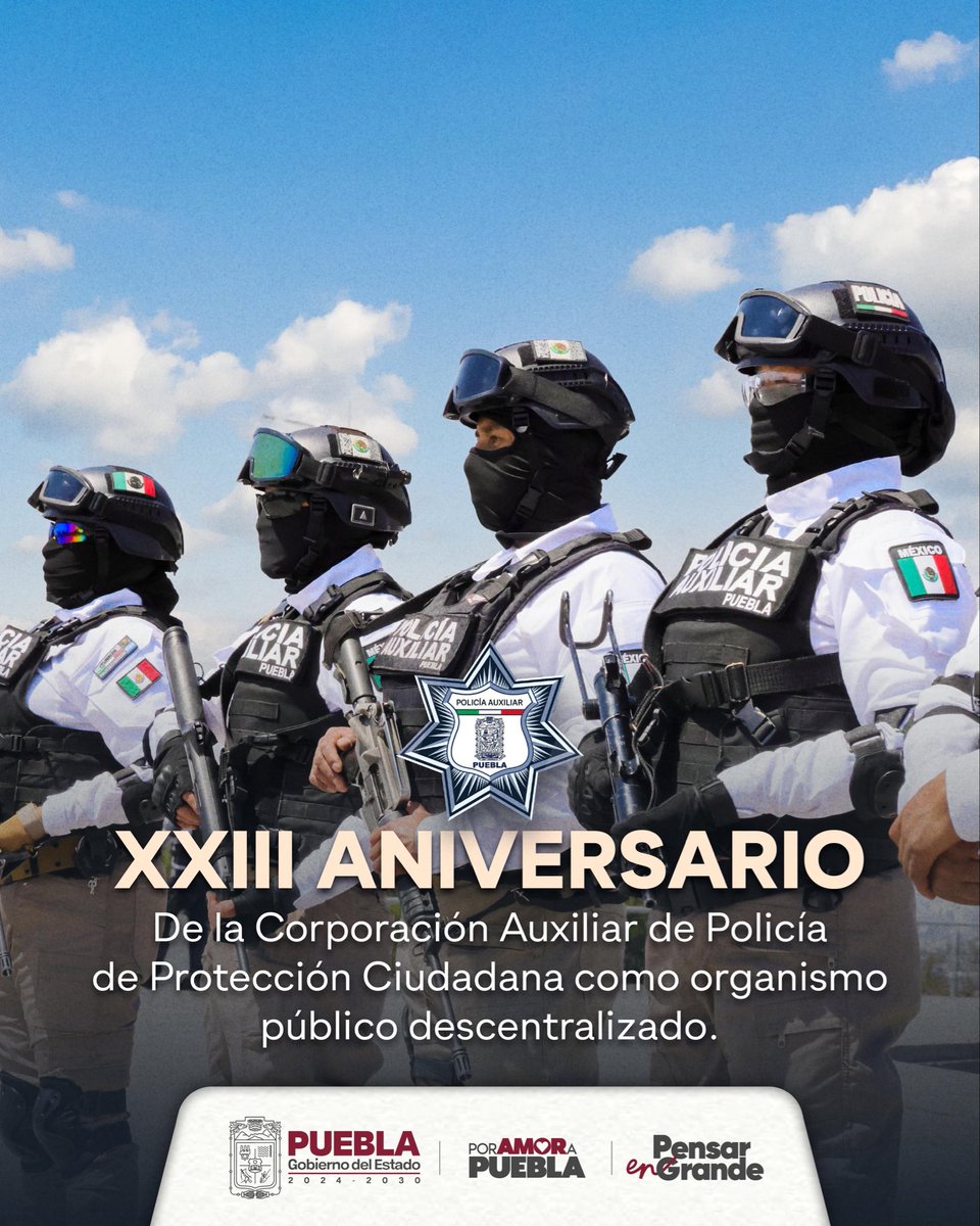 En este aniversario de la creación de la <a href="/CAuxiliarGobPue/">Corporación Auxiliar Policía Protección Ciudadana</a>, celebramos la trayectoria y el compromiso de mujeres y hombres cuya vocación es servir al pueblo. 👮🏻‍♂️👮🏻‍♀️🙌🏻

Agradecemos su entrega permanente en favor de la seguridad y la #Paz en Puebla. 🤝🏻🤍