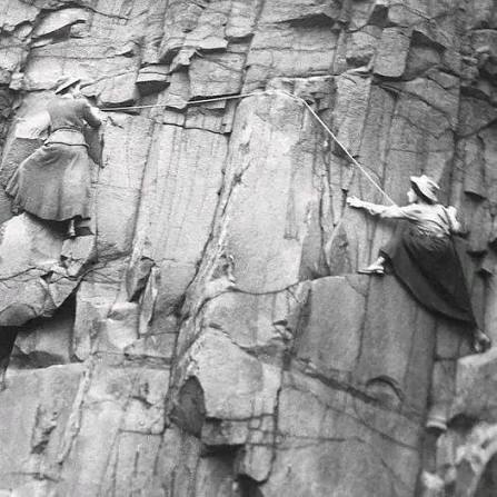 Rock climbers Lucy Smith and Pauline Rankin of the Ladies’ Scottish Climbing Club, 1908, Salisbury Crags, Scotland #WomensArt 
#WomensHistoryMonth