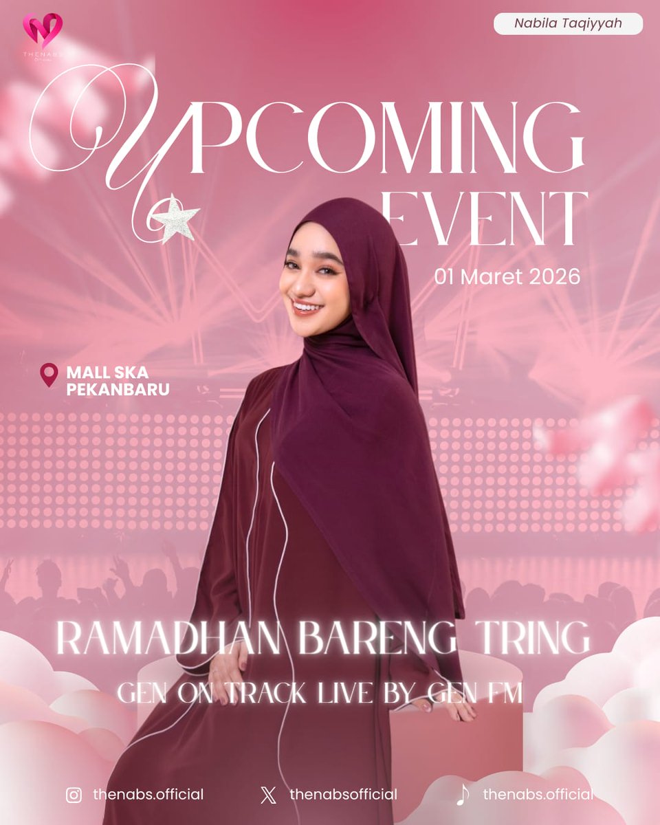 Pekanbaru, siap-siap ya!
Hari ini <a href="/Nabilataqiyyah_/">nabila</a> bakal perform di Mall SKA Pekanbaru dalam event, "Ramadhan Bareng Tring" by Pegadaian, bersama Gen On Track Live by Gen FM.

Jangan sampai kelewatan!
See you there, everyone! 💖
#nabilataqiyyah