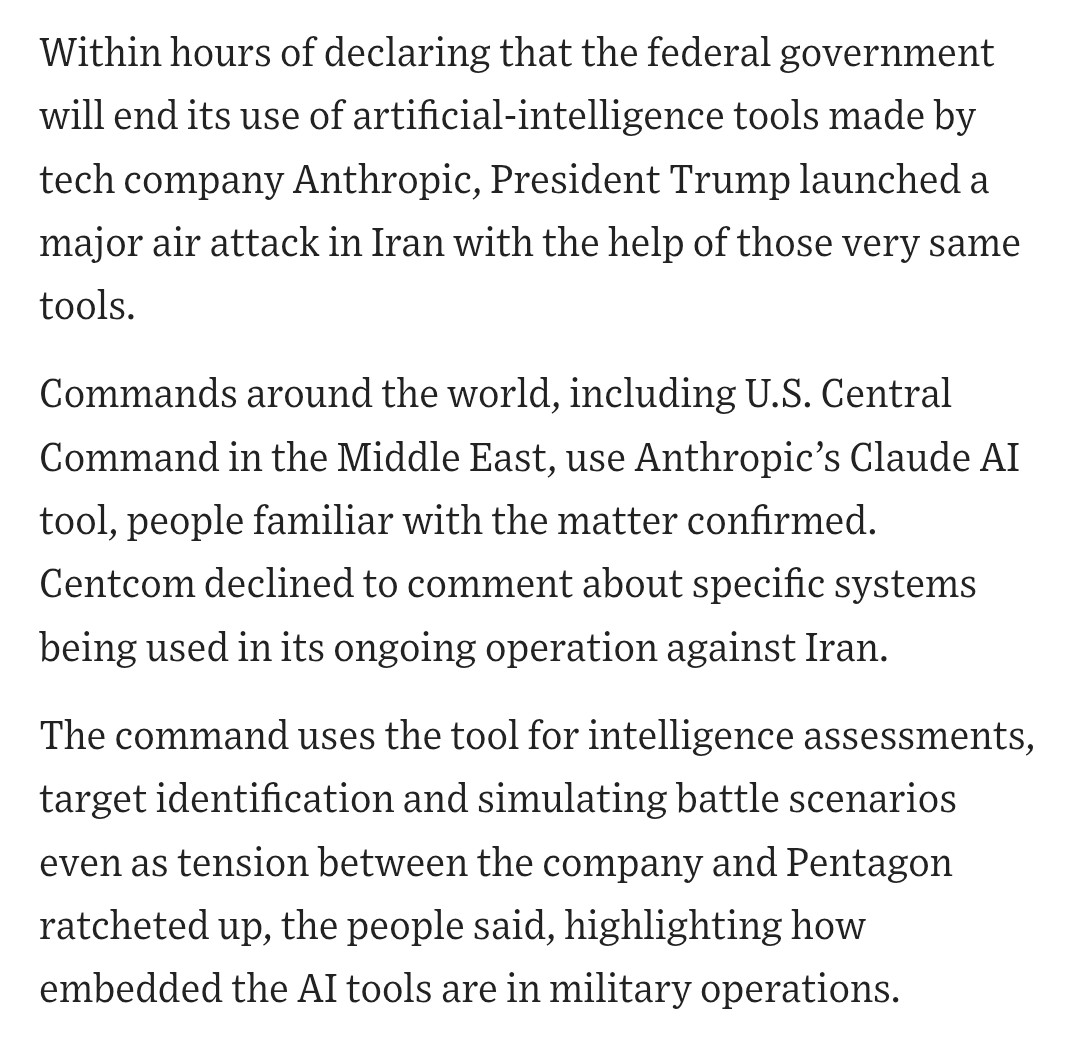 AndrewCurran_'s tweet photo. The WSJ is reporting that the Iran attack used Anthropic AI. https://t.co/OeACXQfUt4