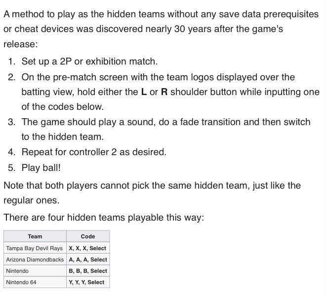 Breaking News! After 30 years, the largest mystery in Ken Griffey Jr’s Winning Run has been solved by a player named TakuikaNinja. 
Thanks to their efforts, everyone can now play as the secret teams on SNES, including the secret N64 team!
PLAY HARD!