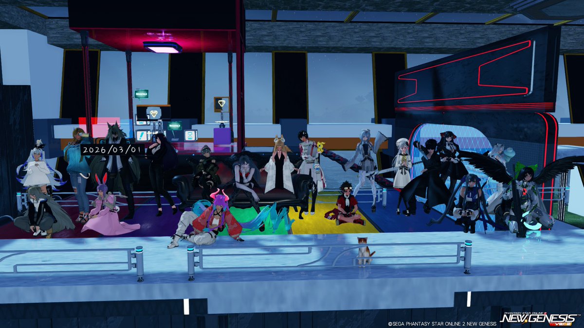 2/28チームイベントの様子をすこしだけ。
みなさん集まってくれてありがとうー！
常時すごい勢いでチャットログが流れていくほどで、当初の目的は達成した！
#PSO2NGS_SS 
#気まぐれアークス隊