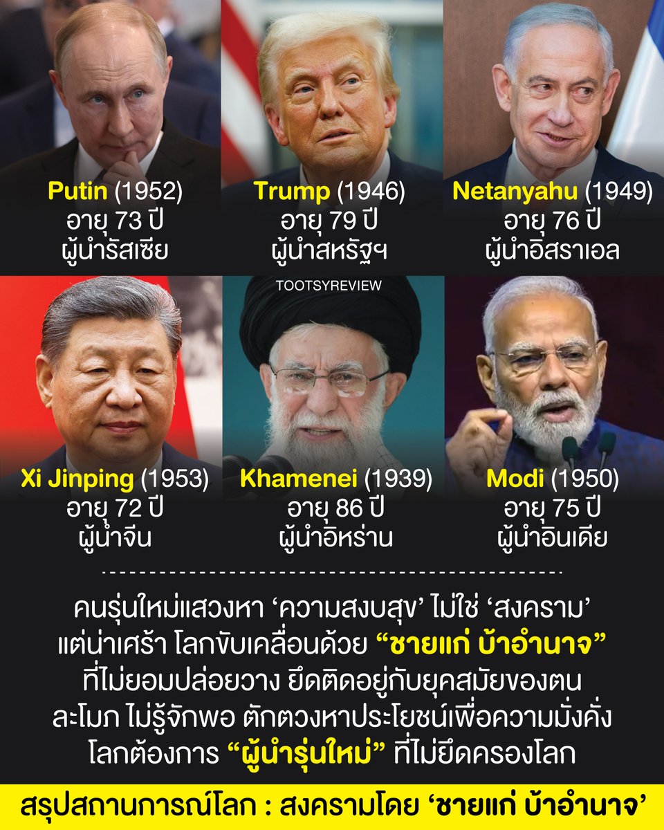 เรื่องราวของความขัดแย้ง ที่อาจนำมาสู่ #สงครามโลกครั้งที่3
#สหรัฐ #อิหร่าน #อิสราเอล

ทำให้เราสังเกตเห็นความจริงข้อหนึ่ง
ผู้นำประเทศทั้งหลาย มักเต็มไปด้วย "ชายแก่ บ้าอำนาจ ที่ไม่ยอมวางมือ"

พวกเขาไม่รู้จักปล่อยวาง
และยึดติดอยู่กับยุคสมัยของตัวเอง
หาประโยชน์เข้าตัวเอง