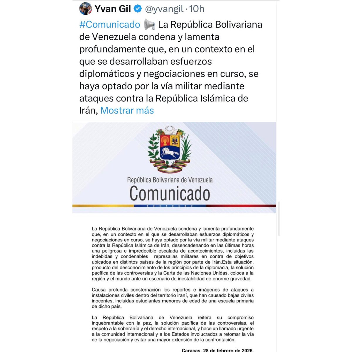 🇻🇪🇮🇷🇺🇸 | Tras confirmarse la muerte de Alí Jamenei, el canciller del régimen de Venezuela borró de sus redes y de su cuenta en Telegram el comunicado que habían publicado más temprano sobre la situación en Irán.