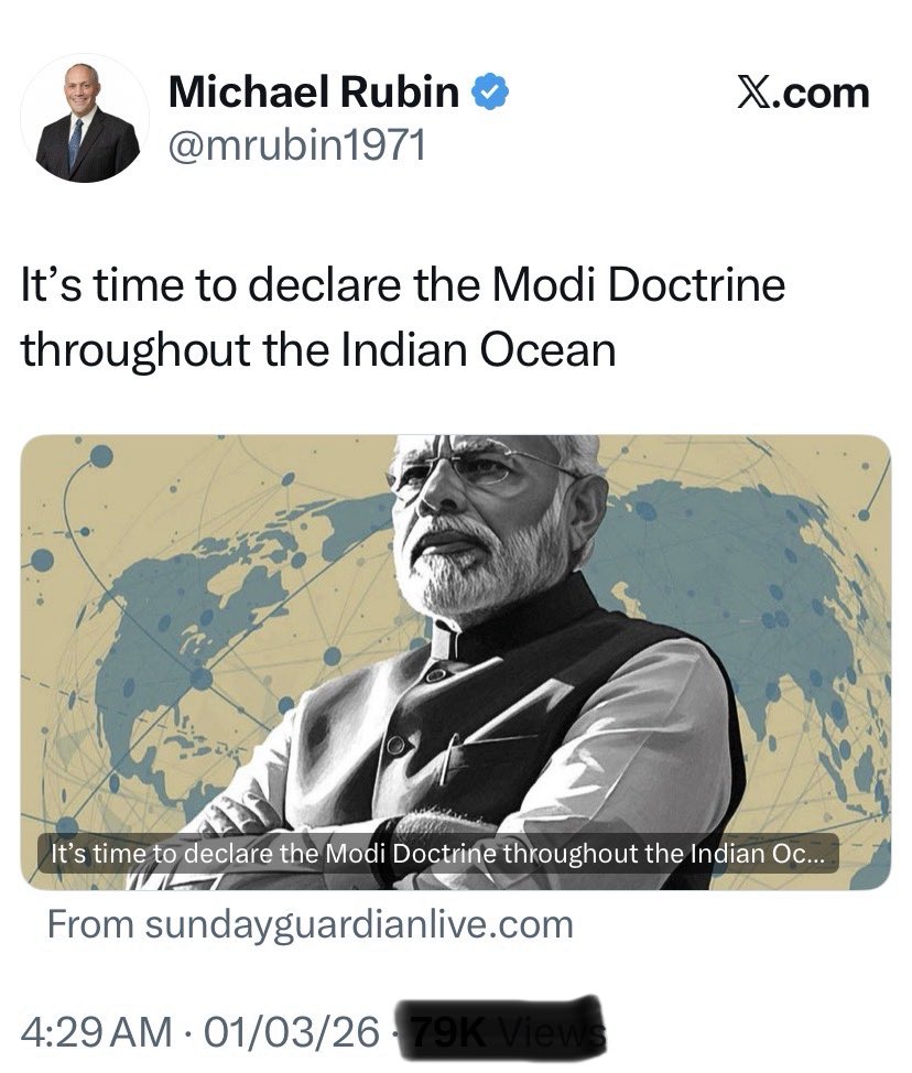 MNageswarRaoIPS's tweet photo. Dear Michael Rubin @mrubin1971,

The only “Modi Doctrine” that Indians actually experience—and endure—is the systematic surrender of India's national interests to protect one man's grip on power.

The second pillar of this so-called “Modi Doctrine” is relentless propaganda: layer upon layer of manufactured narrative, exaggeration, and denial. If Josef Goebbels were alive today, he would not merely applaud—he would enroll as an eager intern in Modi's propaganda machinery, taking notes on how to scale industrial-scale deception in the digital age.

The third tenet of this so-called “Modi Doctrine” is mob rule by digital foot soldiers: unleash armies of paid trolls and flunkeys to swarm, smear, and intimidate anyone who dares criticise Modi’s anti-India regime or expose its corrupt dealings. Their default question is always the same: "How much did the opposition pay you?"—as if truth can only be bought, never spoken.

The fourth aspect of this so-called “Modi Doctrine”, and perhaps most insidious, is the wholesale purchase or co-option of institutions: media houses turned stenographers, academics silenced or rewarded, intellectuals bought off or sidelined—all to whitewash crony deals, hide failures, and deify a leader who demands worship while delivering division and decay.

This is the lived reality under Modi's corrupt, anti-India regime—a far cry from the grandiose "Modi Doctrine" you advocate in your piece, which casts him as the guardian of the Indian Ocean against Chinese predation.

So I must ask directly: What exactly is the quid pro quo that prompted you to pen this fawning, detached-from-reality op-ed? Whose interests are you truly advancing here?

Looking forward to your candid reply.