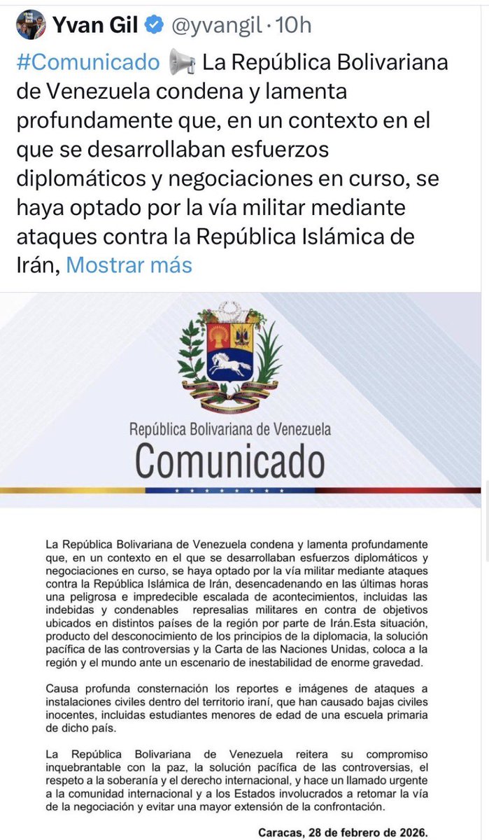 El ministro de Relaciones Exteriores <a href="/yvangil/">Yvan Gil</a> eliminó el anuncio en el que el gobierno de <a href="/delcyrodriguezv/">Delcy Rodríguez</a> reprobaba la intervención armada de <a href="/realDonaldTrump/">Donald J. Trump</a> en Irán. Una llamada  es suficiente …