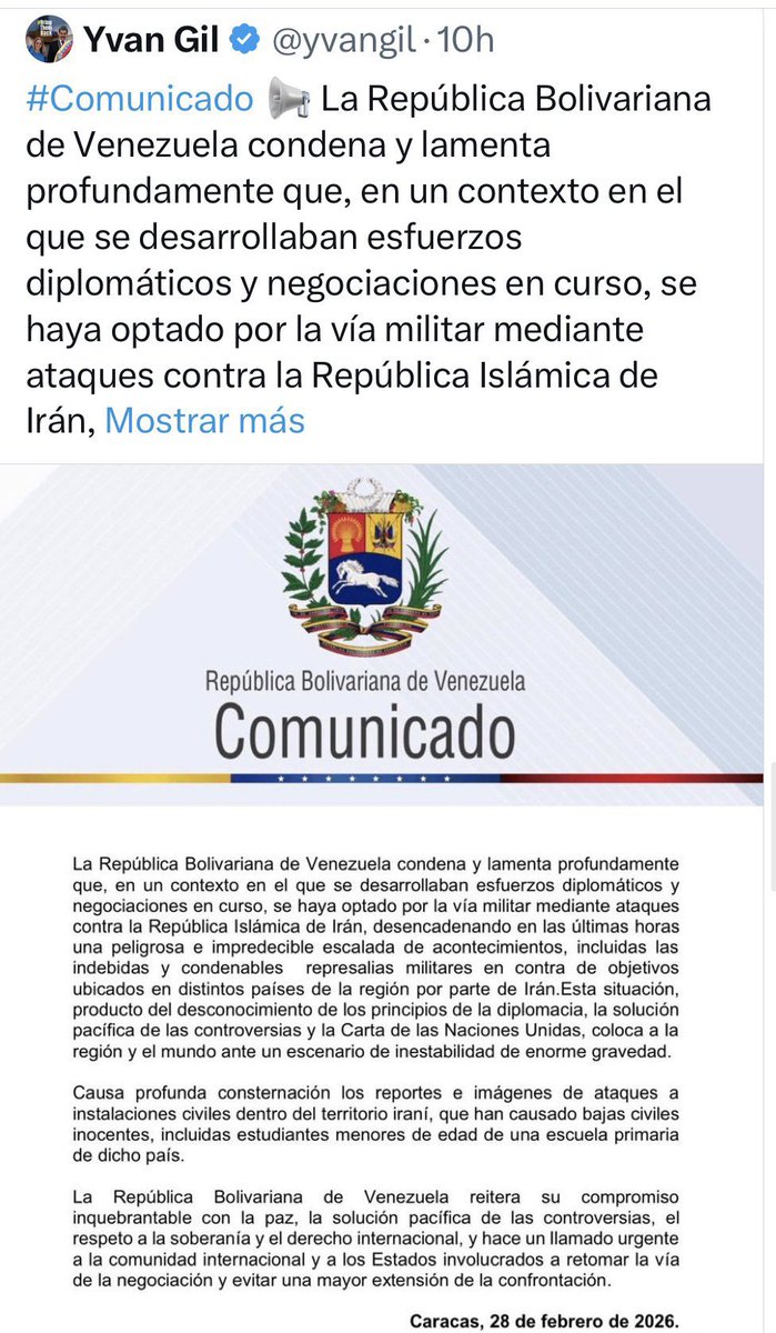 🚨 | Canciller del régimen chavista elimina de todas sus cuentas la publicación con el comunicado condenando el bombardeo de Irán (en el que no menciona a EEUU).