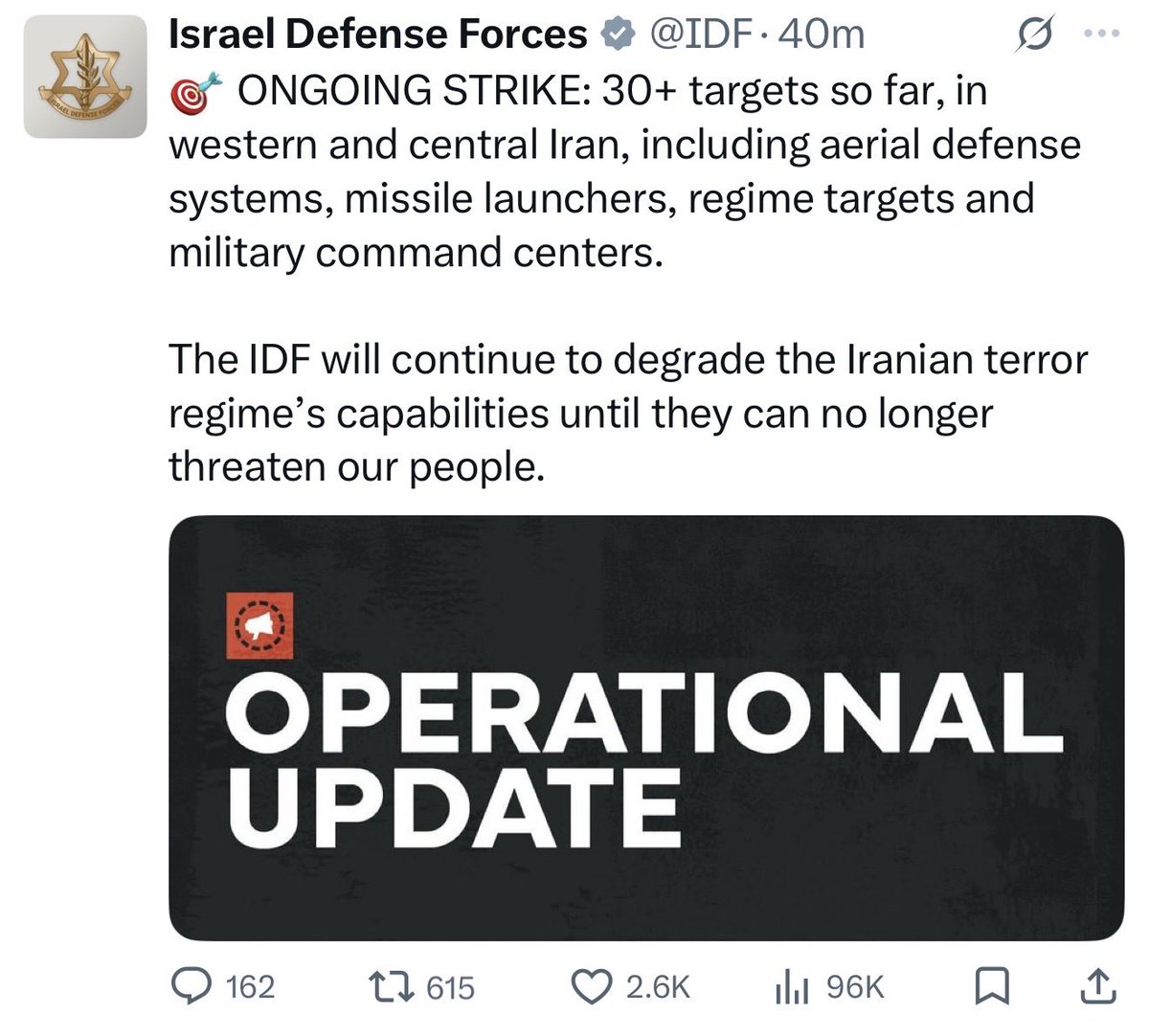 geotechwar's tweet photo. Iranian state media has confirmed Supreme Leader Ayatollah Ali Khamenei’s death and declared 40 days of national mourning.
#Tehran #US #Israel #Iran #Qatar #UAE #OPERATION_EPIC_FURY #Dubai #Burj_Khalifa
The IDF operational update confirming ongoing airstrikes in Iran. https://t.co/7rYoztcH7K