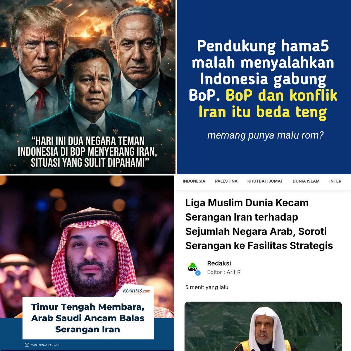 KerjaHasil_id's tweet image. BoP itu tujuannya rekonstruksi Palestina. Untuk rekonstruksi Iran blom ada.

Taukan #otak adalah karunia terbaik Tuhan bagi manusia? Tentukan arah hidup yang jelas teng. Udah tua masih #labil ajah. #peliharaan #buzzer #oligarki 🤟🔥 Munaroh