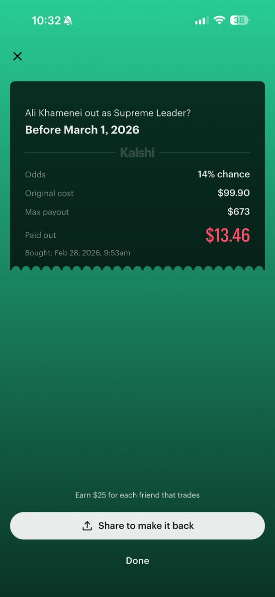 gamado's tweet photo. I never post on social media.  But what @Kalshi did regarding the Khamenei bets is absolute robbery.  Do NOT use Kalshi for anything.  Absolute grifters.  Imagine winning a trade and then losing money.  IInvestigation is coming.  Complaints will be filed, class action imminent. https://t.co/JvrUL0jsNX