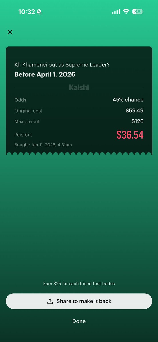 gamado's tweet photo. I never post on social media.  But what @Kalshi did regarding the Khamenei bets is absolute robbery.  Do NOT use Kalshi for anything.  Absolute grifters.  Imagine winning a trade and then losing money.  IInvestigation is coming.  Complaints will be filed, class action imminent. https://t.co/JvrUL0jsNX