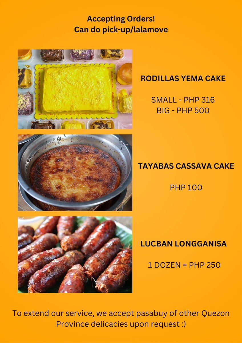 SIDE HUSTLE: #pasabuy #deliver

Available tomorrow: Tayabas Budin (Cassave Cake), Yema Cake and Lucban Longganisa

50% Downpayment Required!

Location: Pasay City

PM PM PM PM