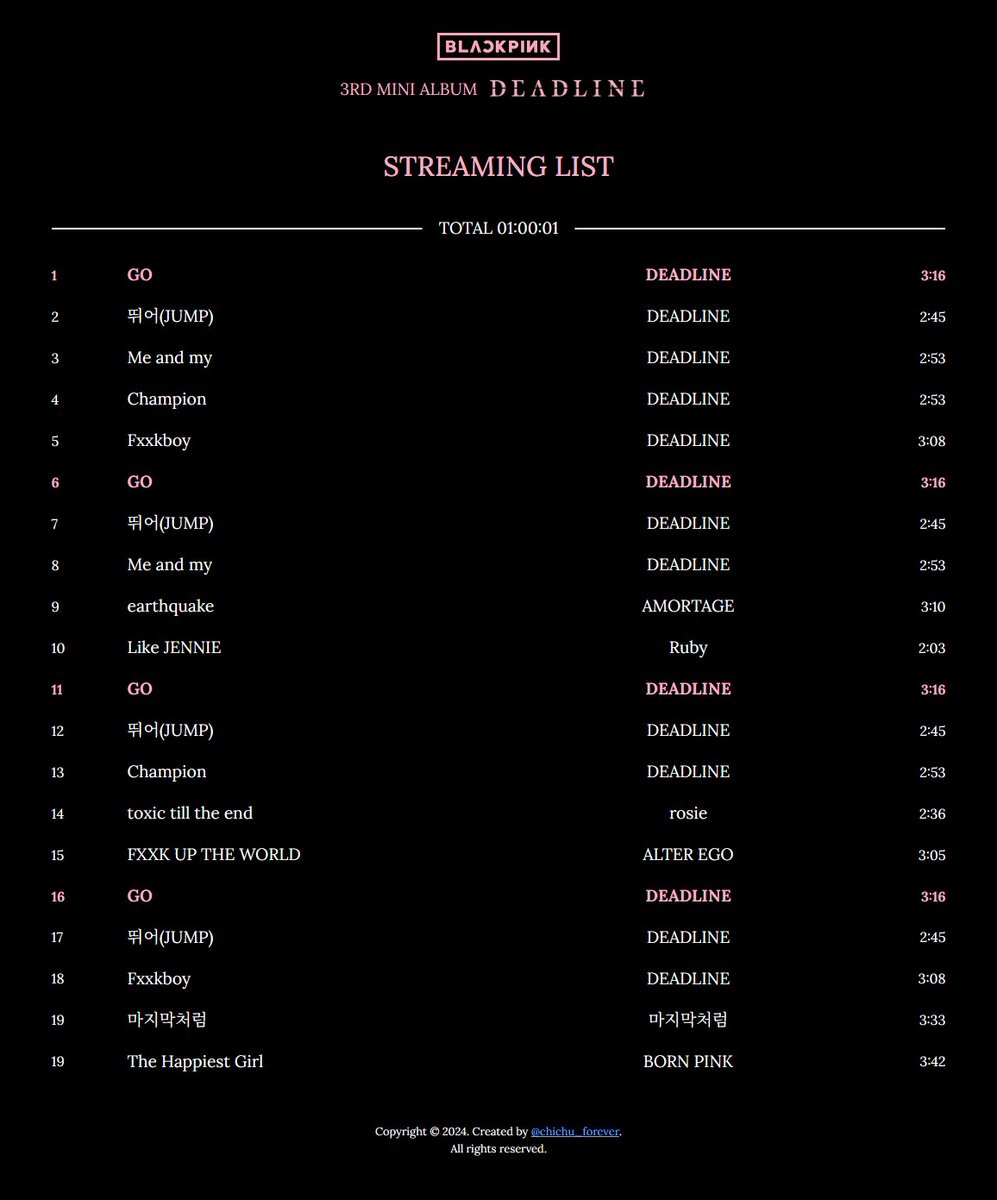 블랙핑크 미니 3집 <DEADLINE> - 원클릭스밍리스트

🔗 chuforeva.github.io/deadline/