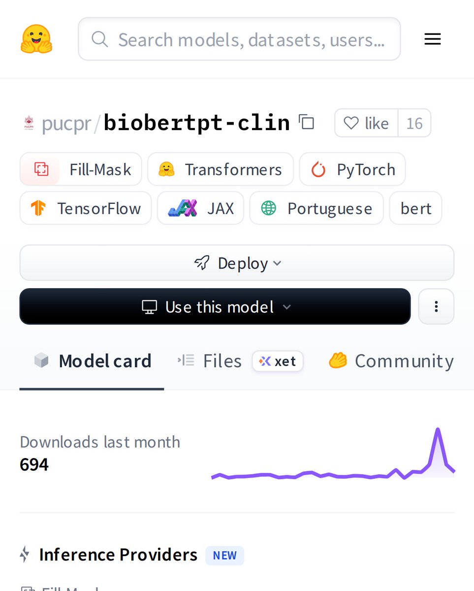 HuggingModels's tweet photo. Meet BioBERT-PT: a specialized AI that understands medical Portuguese! This fill-mask model is trained on clinical texts, making it a game-changer for healthcare NLP in Brazil. It can predict missing medical terms with impressive accuracy. https://t.co/H04hzjtSel