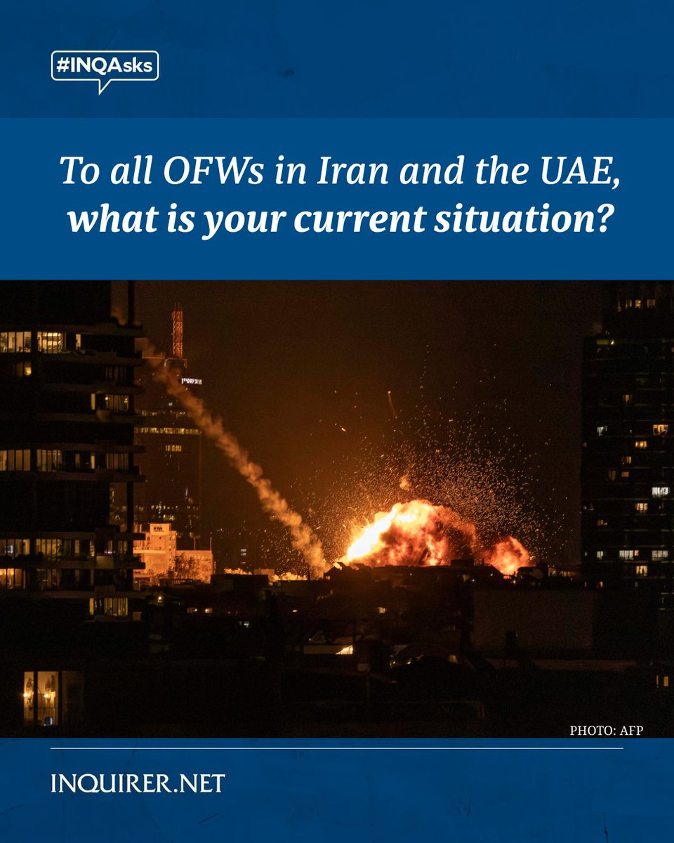 inquirerdotnet's tweet photo. The United States and Israel launched waves of strikes Saturday against targets in Iran, sparking swift retaliation by the Islamic republic.
#INQAsks: To all OFWs in Iran and the UAE, what’s your current situation? https://t.co/ybW7NMgDvX