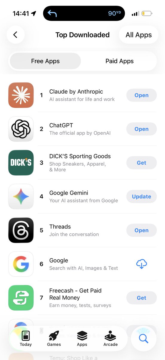 rakeshai_'s tweet photo. Did fear marketing work as Claude hit number 1 today.

Claude briefly took the number 1 spot on the App Store and pushed ChatGPT down. That immediately raised the question whether Anthropic fear marketing actually worked. https://t.co/2k20CEt5Uu