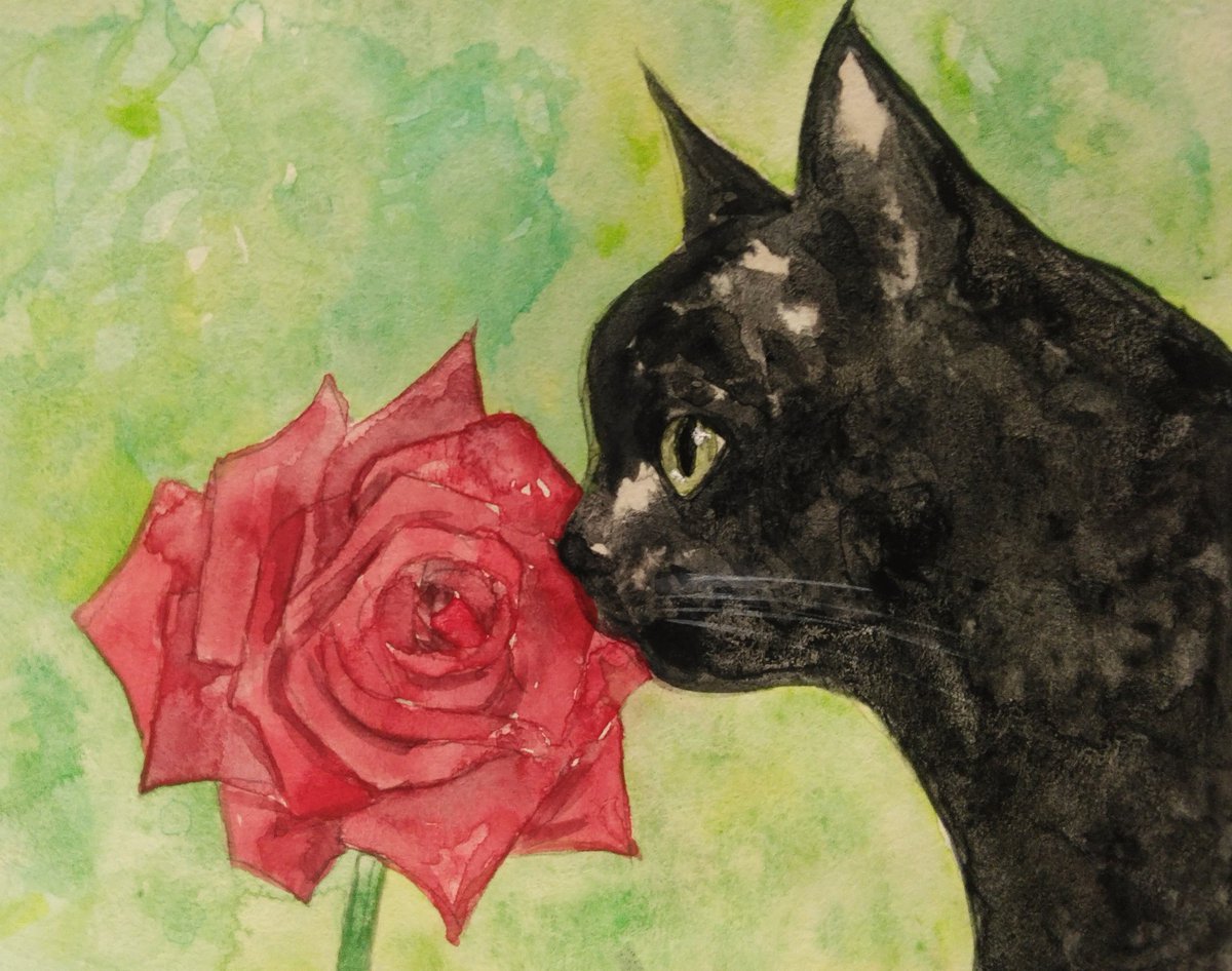 完成しました。 薔薇と猫の絵。 タイトルは「情熱」にしようかな？