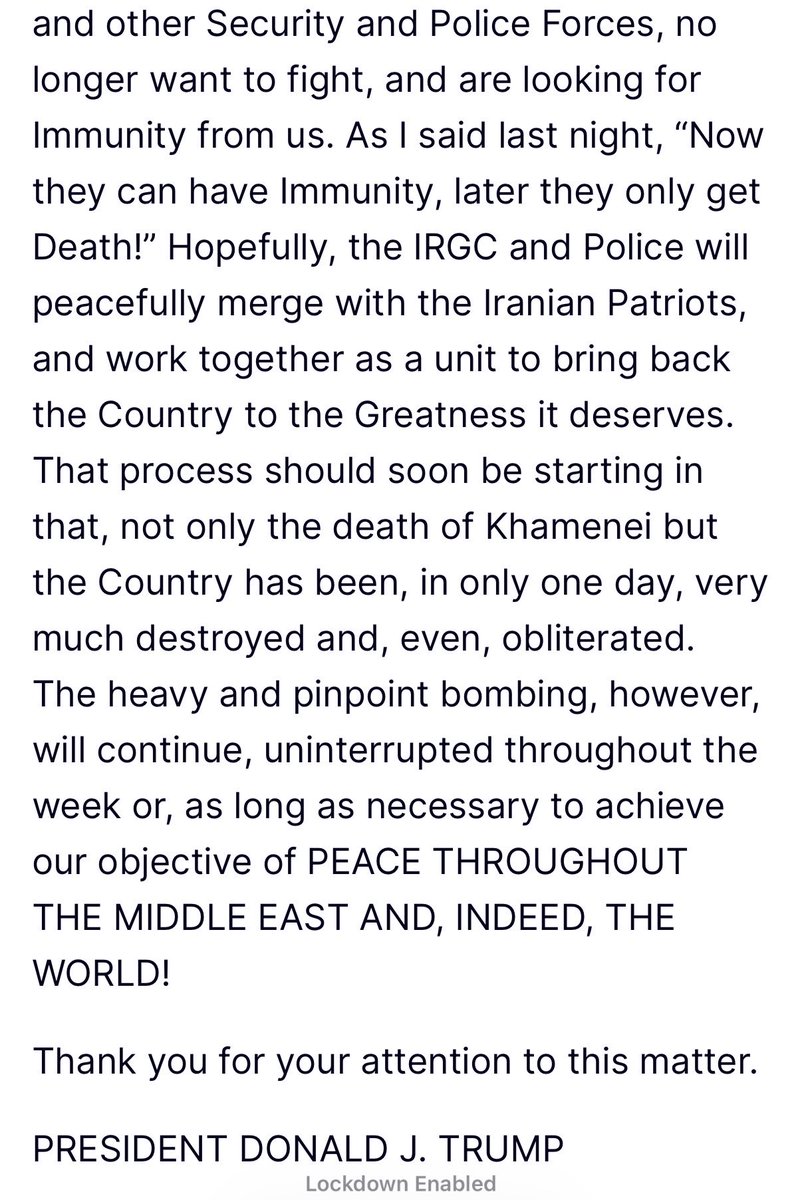 “Khamenei, una de las personas más malvadas en la Historia, está muerto. Esto no es solo Justicia para el pueblo de Irán, sino para todos los Grandes americanos, y aquellas personas de muchos Países a lo largo del Mundo, que han sido asesinadas o mutiladas por Khamenei y su