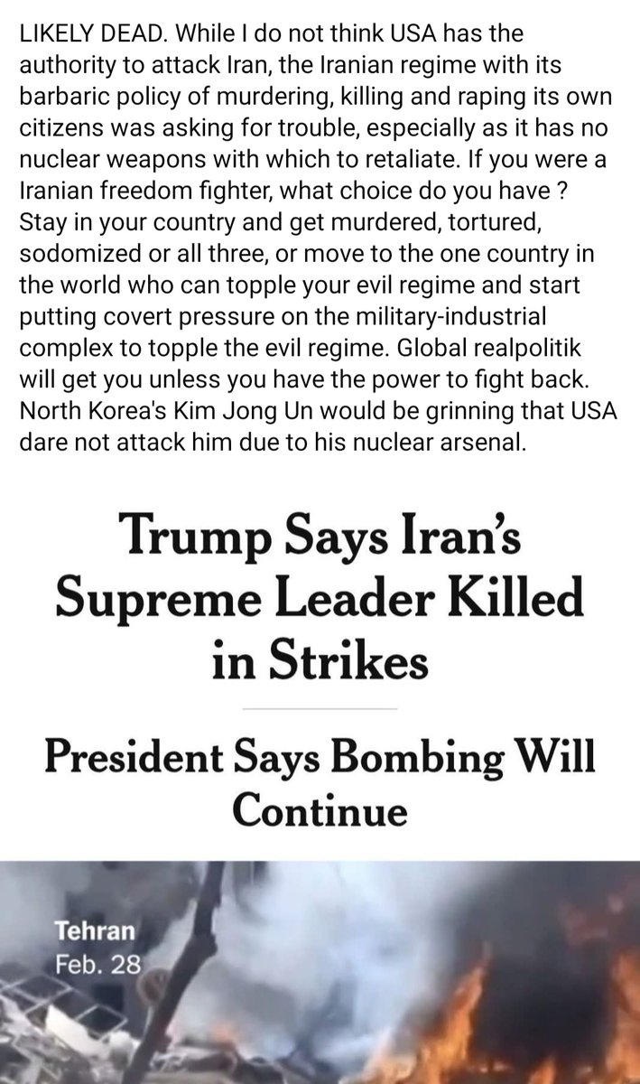 EarnesTaster's tweet photo. TRUMP ATTACKS IRAN. AYATOLLAH ALI KHAMENEI LIKELY DEAD. 

#Trumpattacksiran 
#Trump #Ayatollahalikhamenei
#Iran #USAattacksIran 
#TrumpAttacks #IranWar 
#IranMassacre‌ https://t.co/gp2zfokCvF