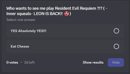 Danicryptid's tweet photo. So I have some games we can play... BUT! Resident Evil Requiem is OUT!! AND LEON IS BACK! 

Vote on the Discord if you want to see a playthrough! https://t.co/MAFzrIJa7N

#ResidentEvilRequiem #gamersofinstagram #gameplay #horrorgame #cozyvibes #Videogame #HorrorFam #Gameplay https://t.co/xgPeC0qhLb