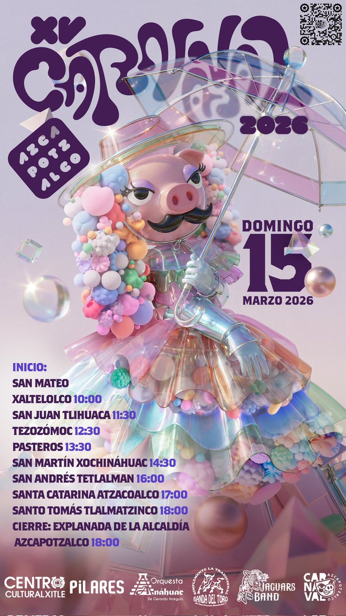 CarnavalAzcapo's tweet photo. Estimado @Cesar_VegaGar estas cordialmente invitado a los XV años del Carnaval de Azcapotzalco, la fiesta de cultura comunitaria más grande en #Azcapotzalco, te esperamos el domingo 15 Marzo 2026 a partir de las 10 am  🐷🥳🥳 https://t.co/xBt5yva0Qc