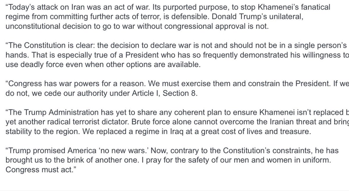 JakeSherman's tweet photo. HOYER: “Today’s attack on Iran was an act of war. Its purported purpose, to stop Khamenei’s fanatical regime from committing further acts of terror, is defensible. Donald Trump’s unilateral, unconstitutional decision to go to war without congressional approval is not.” https://t.co/s6MVh7HYiK