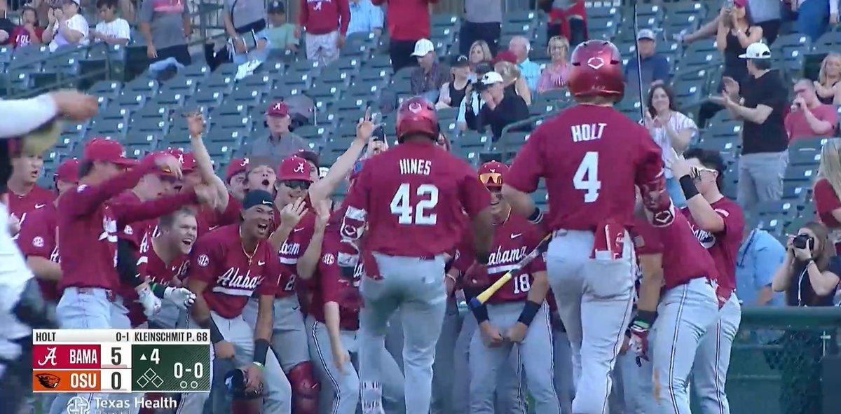 Eric Hines hits the first home run of his college career off Ethan Kleinschmit. The ball went 392 feet to left center field and had a 98-mph exit velo.

Huge moment for the Tuscaloosa product off a very good pitcher. Alabama leads 5-0 and Kleinschmit is being pulled in the fourth