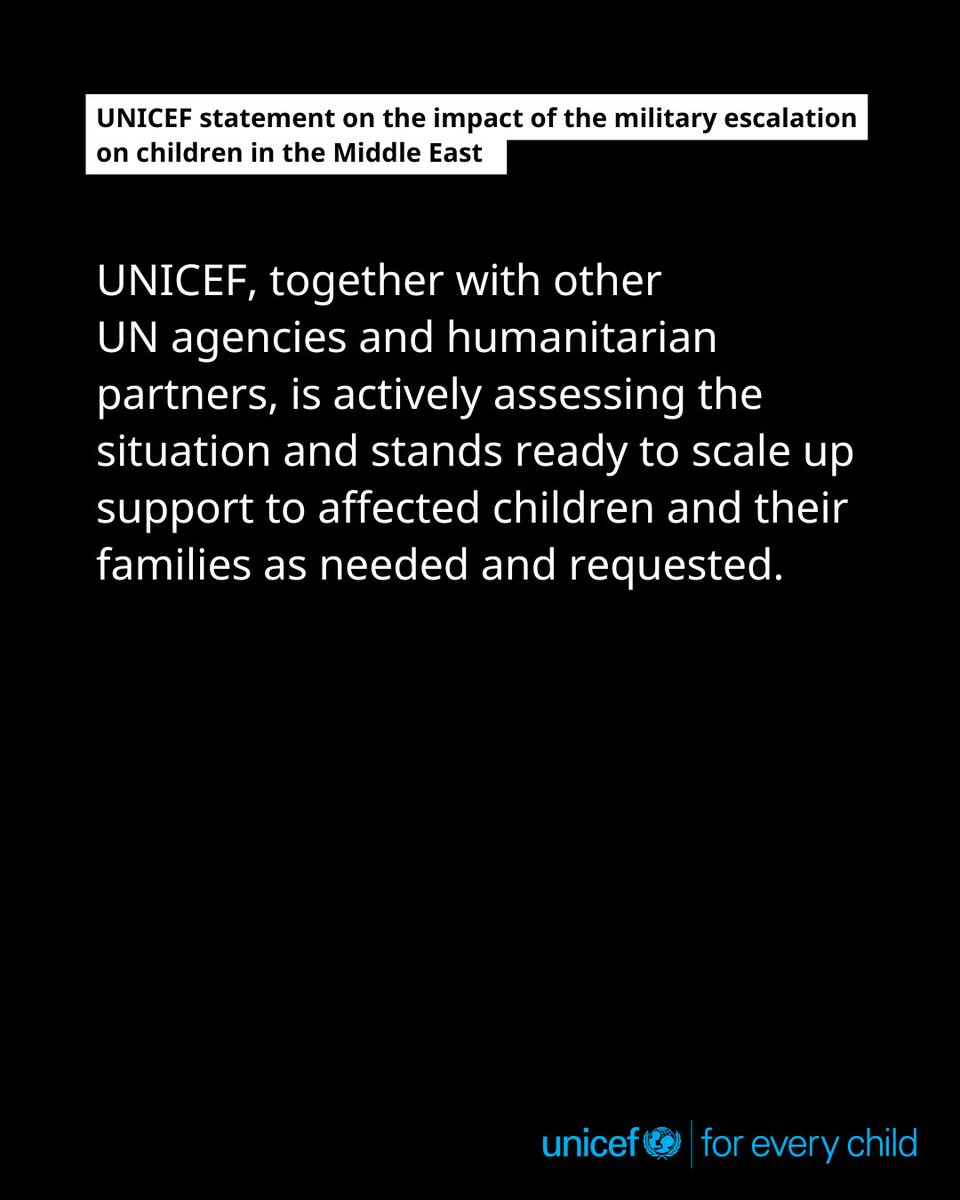 This weekend’s military escalation in the Middle East marks a dangerous moment for millions of children in the region.

Full statement from UNICEF: unicef.link/473y9Hu