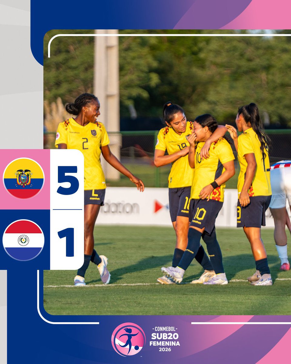 Ecuador 🇪🇨 cerró con goleada 5-1 a Paraguay 🇵🇾 el #Sub20Fem. Anotó un hat trick Mary Guerra y goles de Fiorella Pico y Xiomara Alcivar. 

Ahora tendrá que esperar el resultado entre Brasil 🇧🇷 y Venezuela 🇻🇪 para confirmar si es primera o segunda en el torneo.