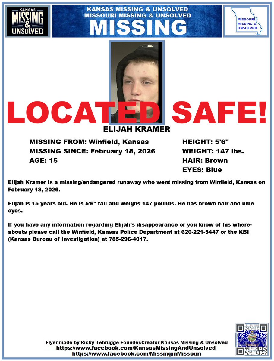 KansasMissing's tweet photo. ELIJAH HAS BEEN #LOCATED SAFE!!! THANK YOU TO ALL WHO SHARED HIS FLYER!!!
#MISSINGPERSON #MISSING #KansasMissing #MissingInKS #MissingInKansas #MissingKansan #Winfield #Kansas @AnnetteLawless https://t.co/NzyP6ZQBYD